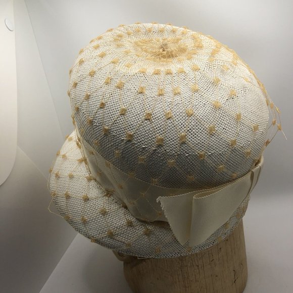 vintage Bucket Hat ivory straw with Yellow netting main image 5